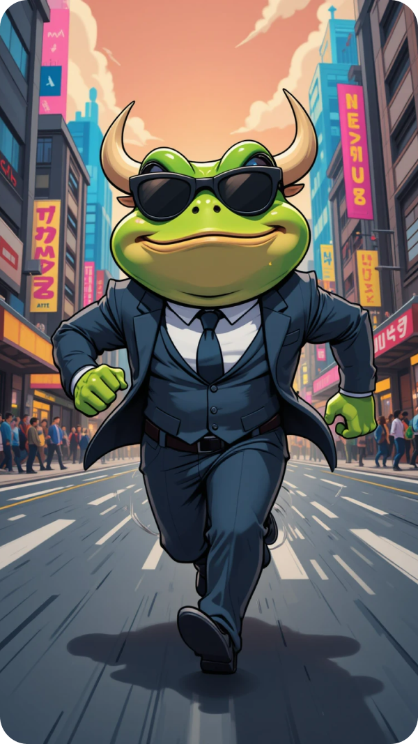 A frog with horns in a suit flying over a city with a cigar in its mouth and a red cape