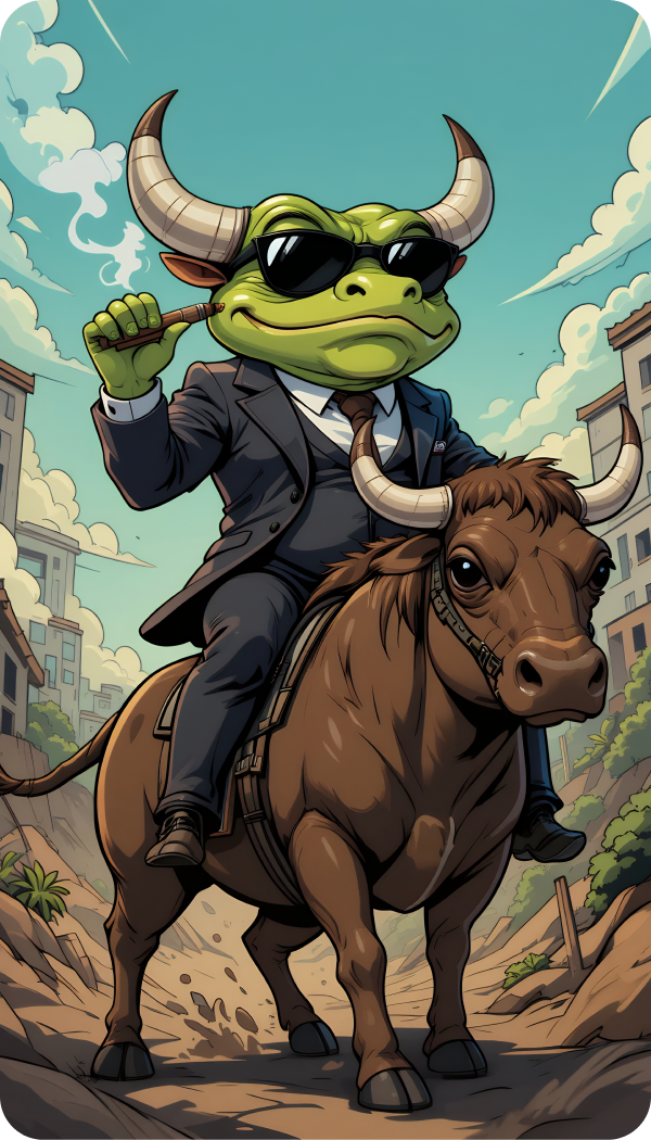 A frog with horns in a suit riding a bull