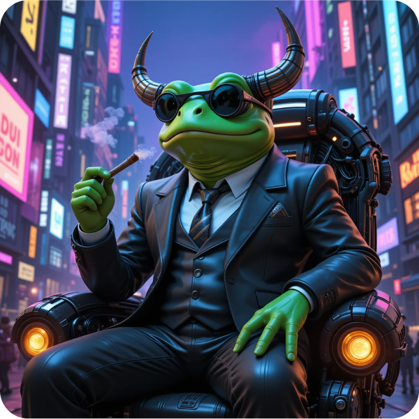 A frog with horns in a suit sitting in a futuristic chair in a city