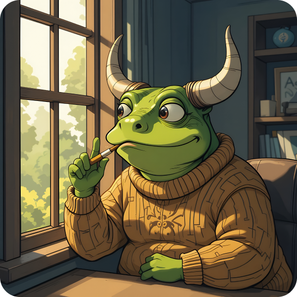 A frog with horns in a sweater sitting by a window